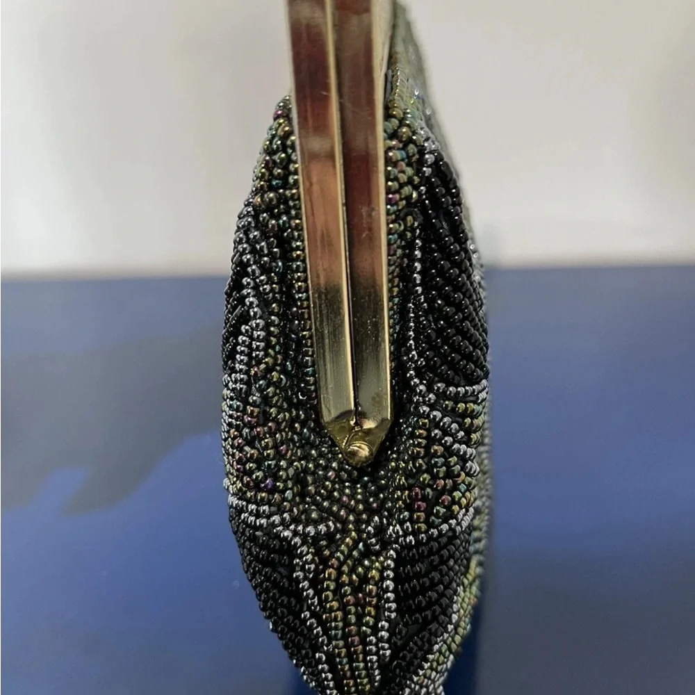 Black Gray Swirl Beaded Purse Evening Bag Clutch Gold Frame Vintage 50s 60s